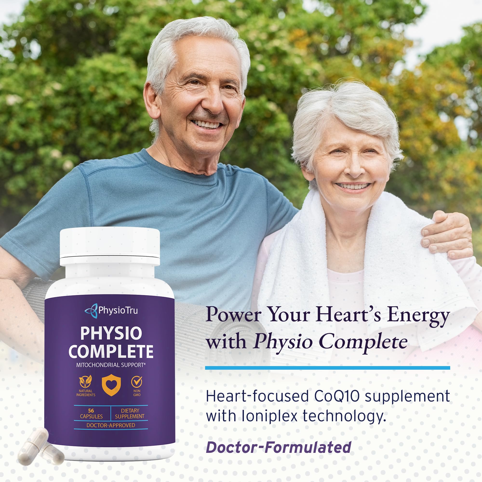 PhysioTru CoQ10 capsules closeup highlighting ubiquinone for cellular energy potential.
