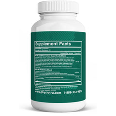 PhysioTru capsules in bottle demonstrating probiotic-prebiotic blend.