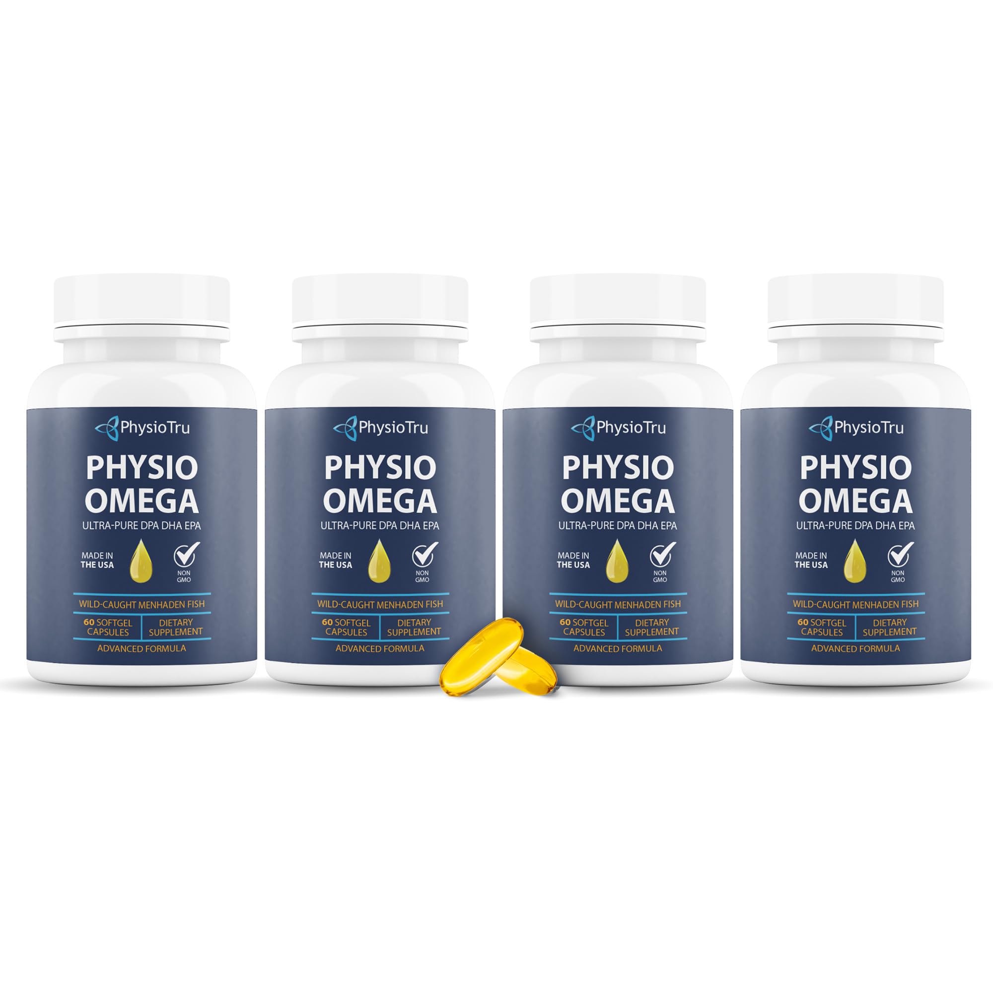 PhysioTru Physio Omega 2400mg bottle shows sustainable sourcing and easy-to-swallow softgels.