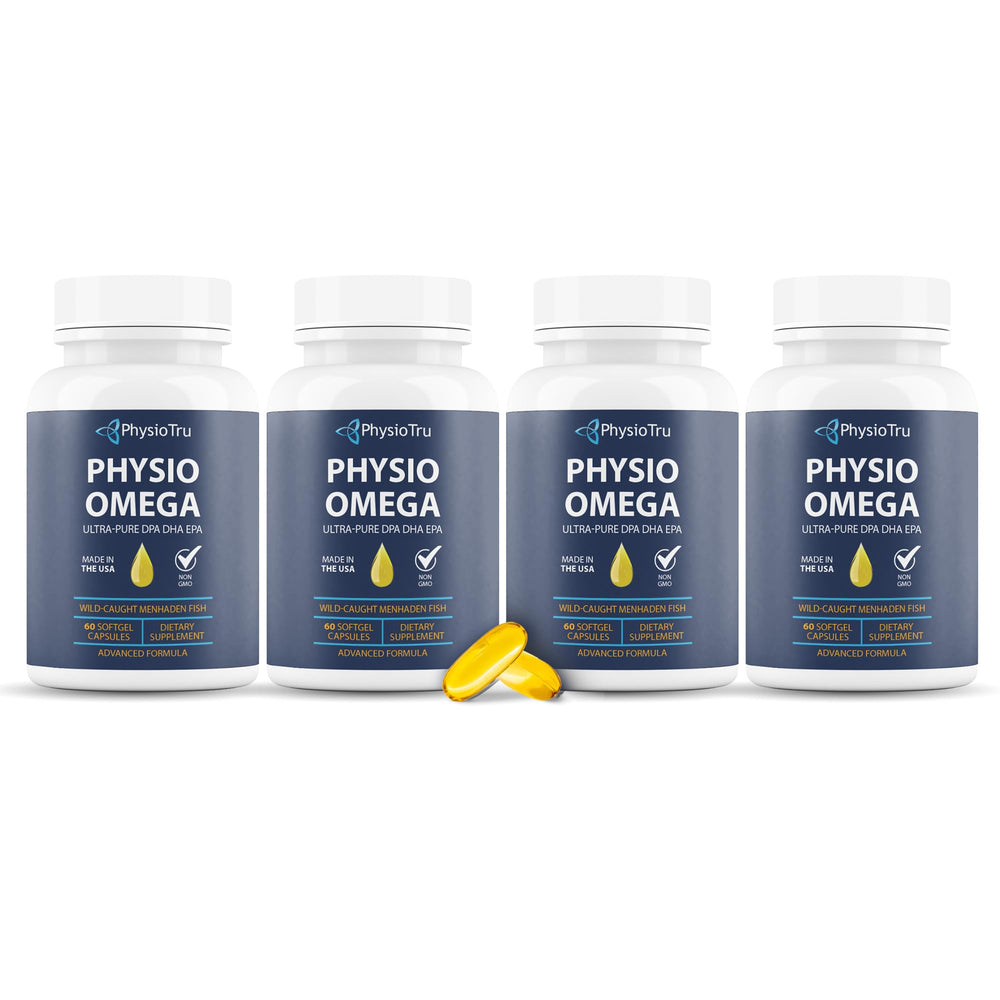 PhysioTru Physio Omega 2400mg bottle shows sustainable sourcing and easy-to-swallow softgels.