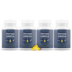 PhysioTru Physio Omega 2400mg bottle shows sustainable sourcing and easy-to-swallow softgels.