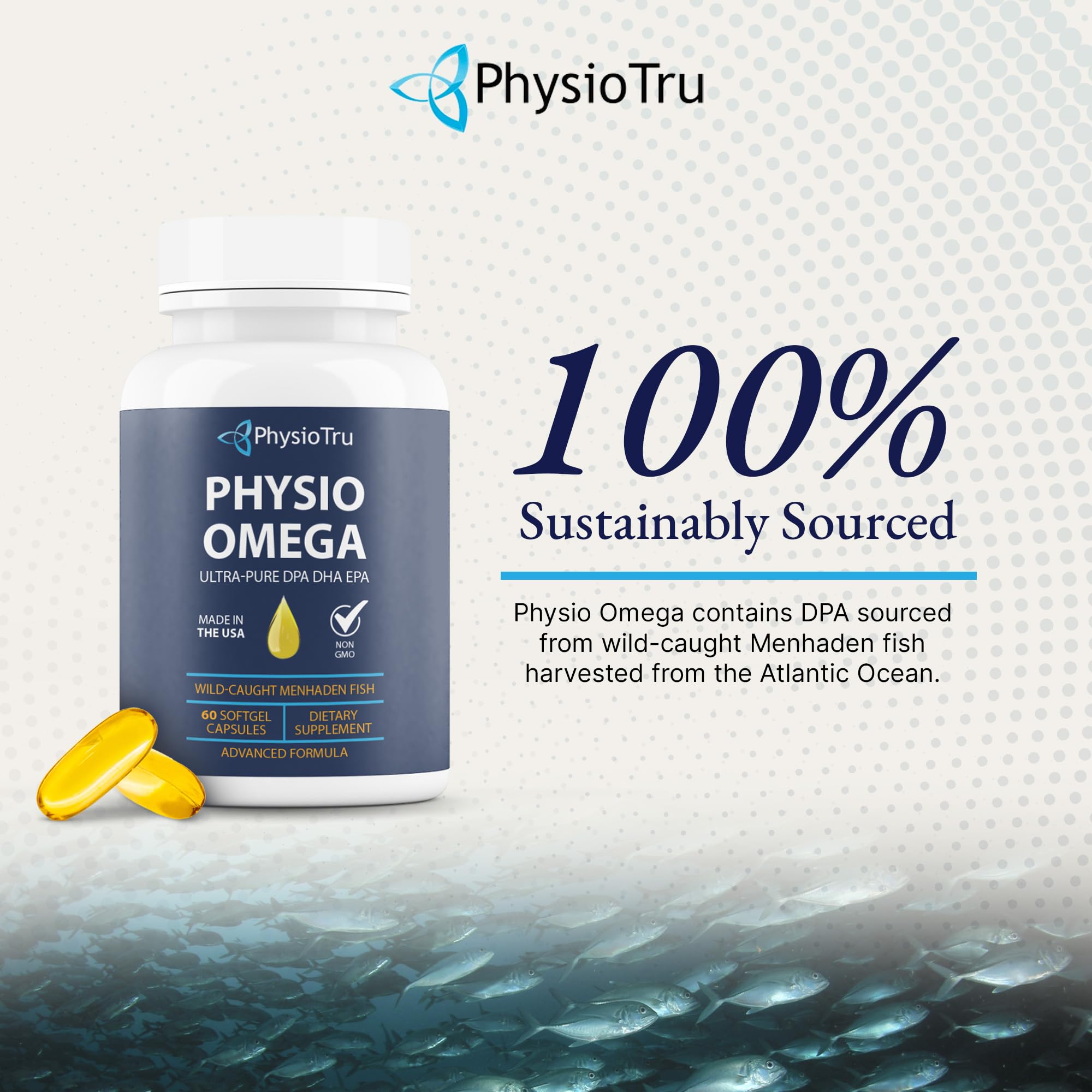 Sustainability icon highlights responsible sourcing for Physio Omega.