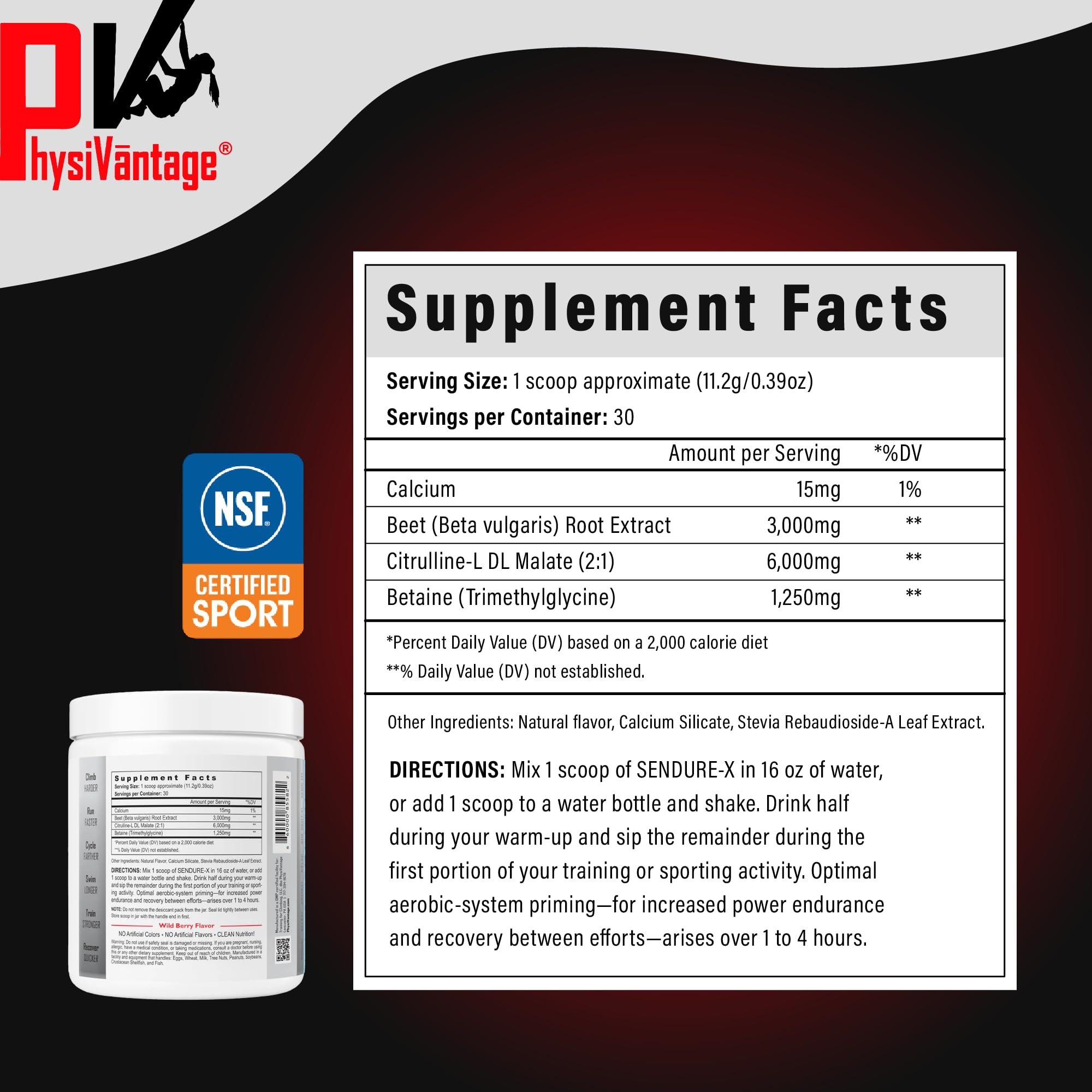 Physiovantage Sendure-X mixed berry powder in water glass for refreshing hydration.