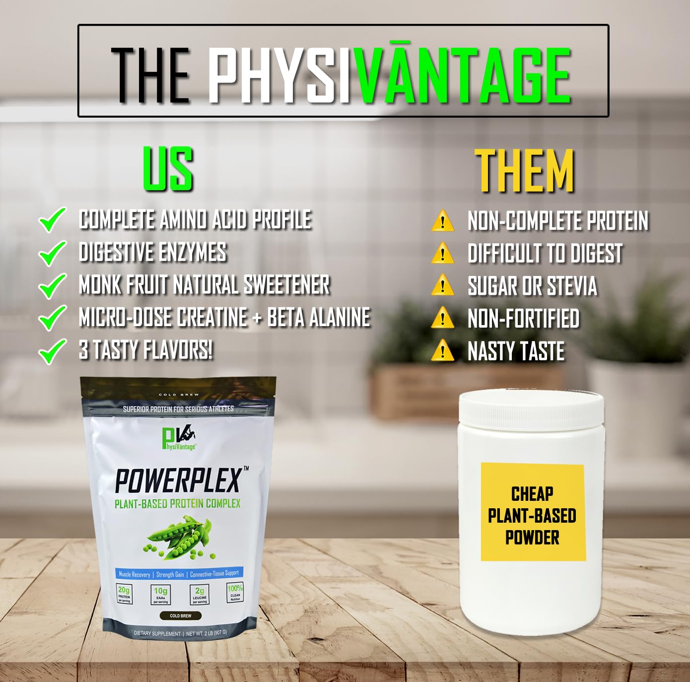 Ingredients label of Powerplex focusing on pea and brown rice protein sources