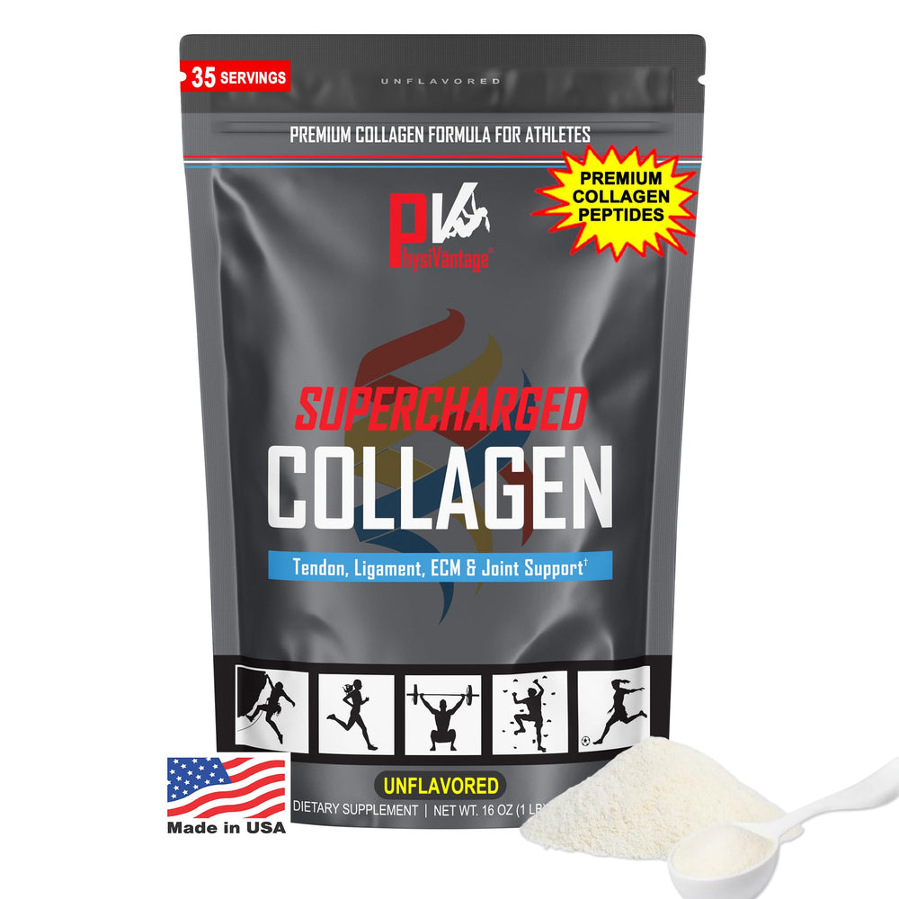 PhysiVantage Supercharged Collagen bag in compact travel packaging.