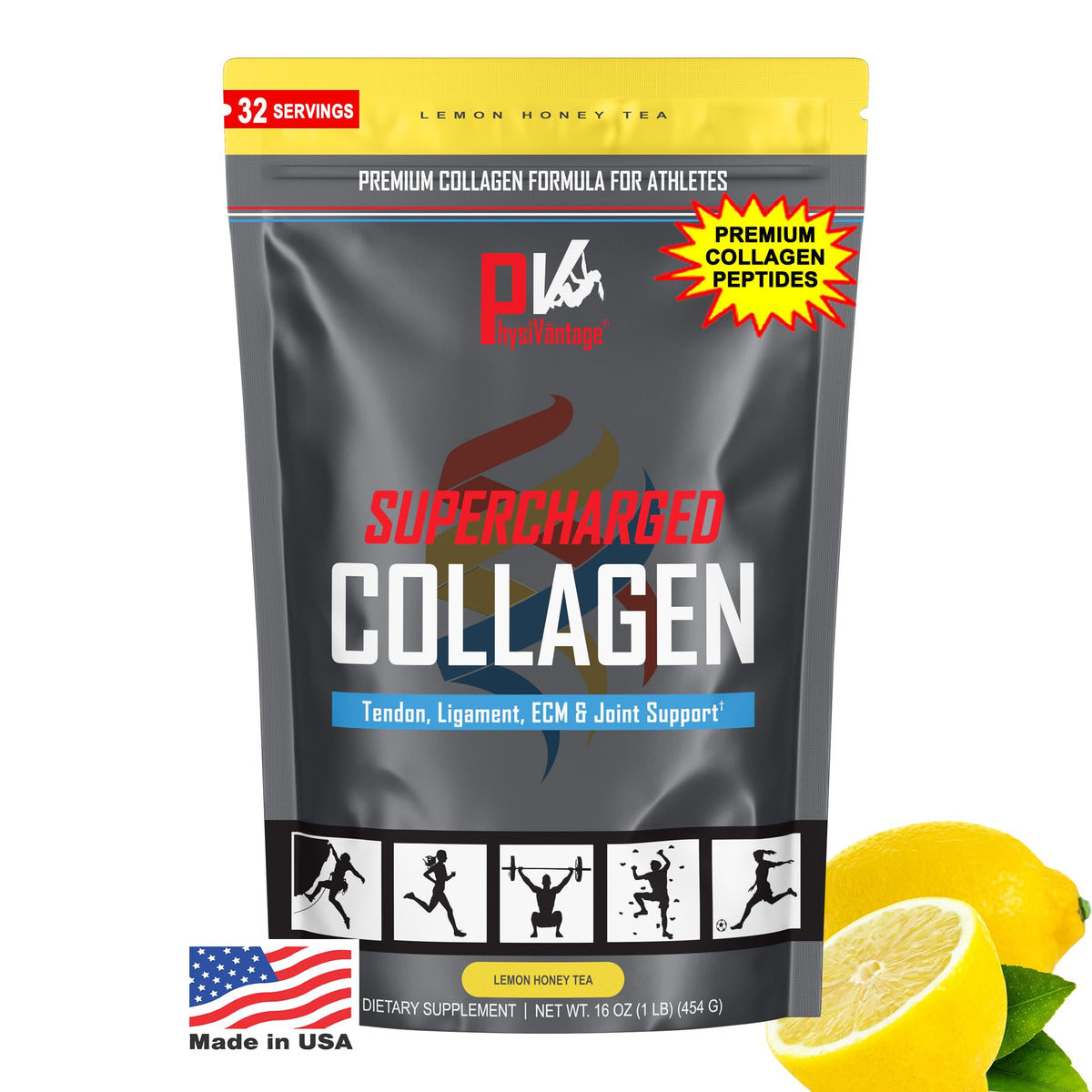 PhysiVantage Supercharged Collagen packaging front shows grass-fed sourcing and premium quality.