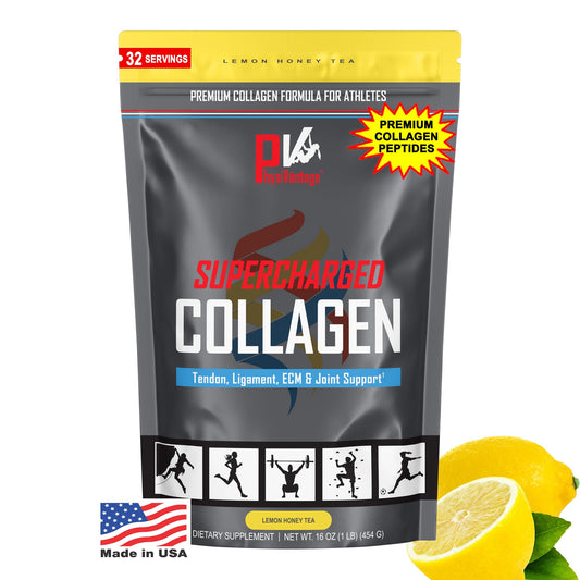 PhysiVantage Supercharged Collagen packaging front shows grass-fed sourcing and premium quality.