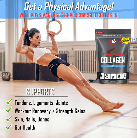 PhysiVantage Supercharged Collagen Peptides Vanilla scoop ready for a post-workout protein boost.