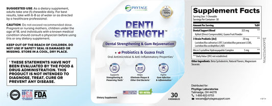 PhytAge Labs Denti Strength bottle back shows ingredient blend for gum and tooth care