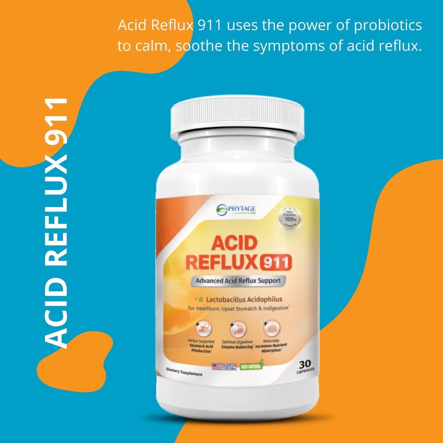 Phytage Labs Acid Reflux 911 bottle on table highlighting simple lifestyle use.