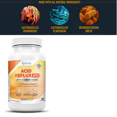 Phytage Labs Acid Reflux 911 bottle beside a glass of water conveys ease.