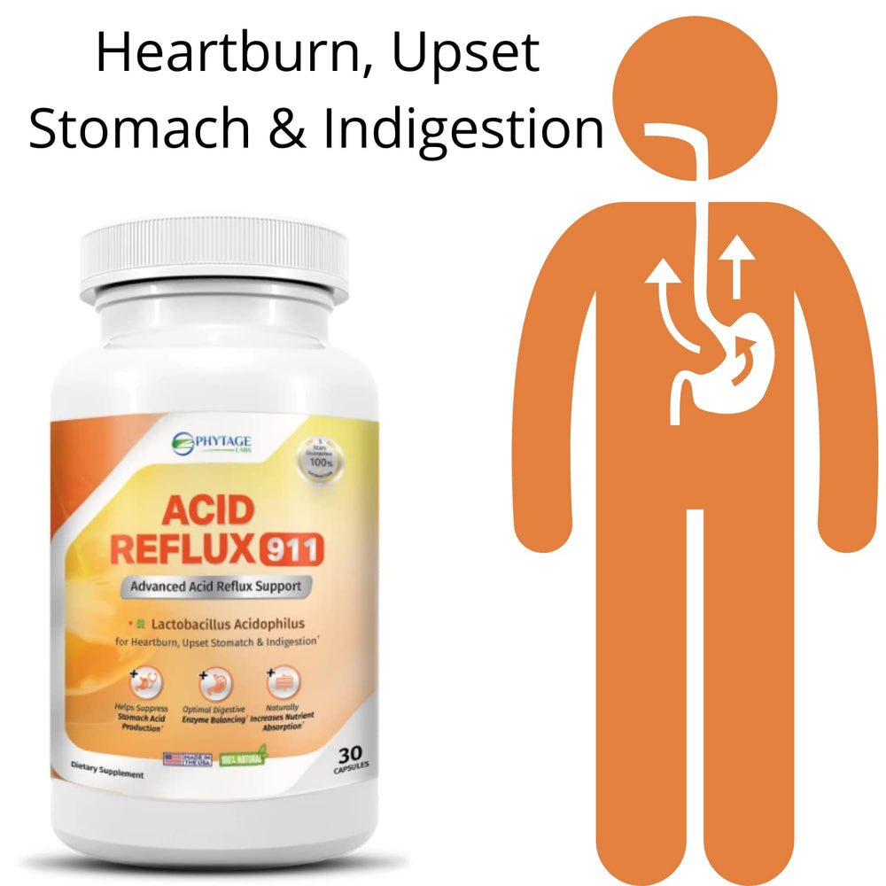 Phytage Labs Acid Reflux 911 capsules closeup emphasizing natural ingredients.