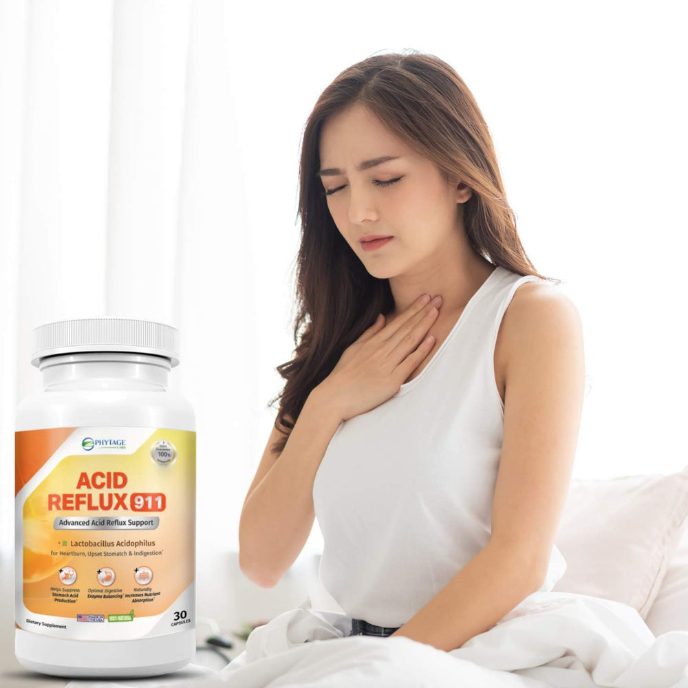 Phytage Labs Acid Reflux 911 capsules illustrate easy daily gut support.