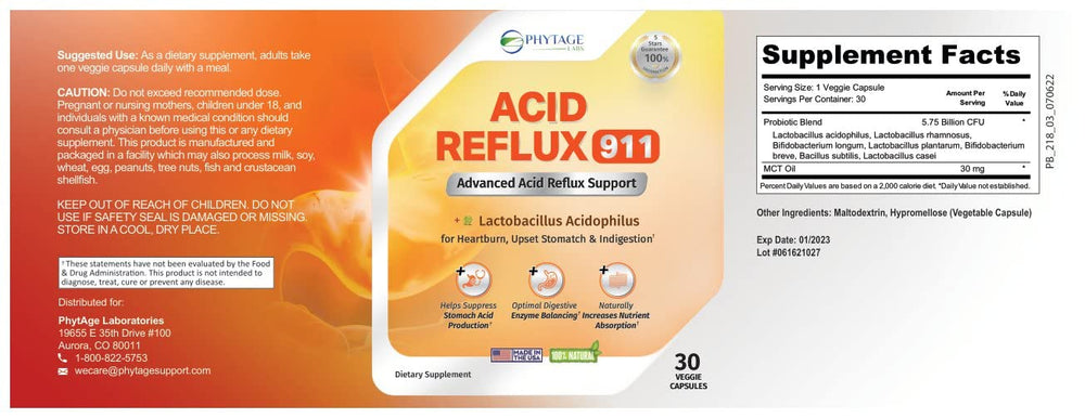Phytage Labs Acid Reflux 911 packaging design signals safety and natural formula.