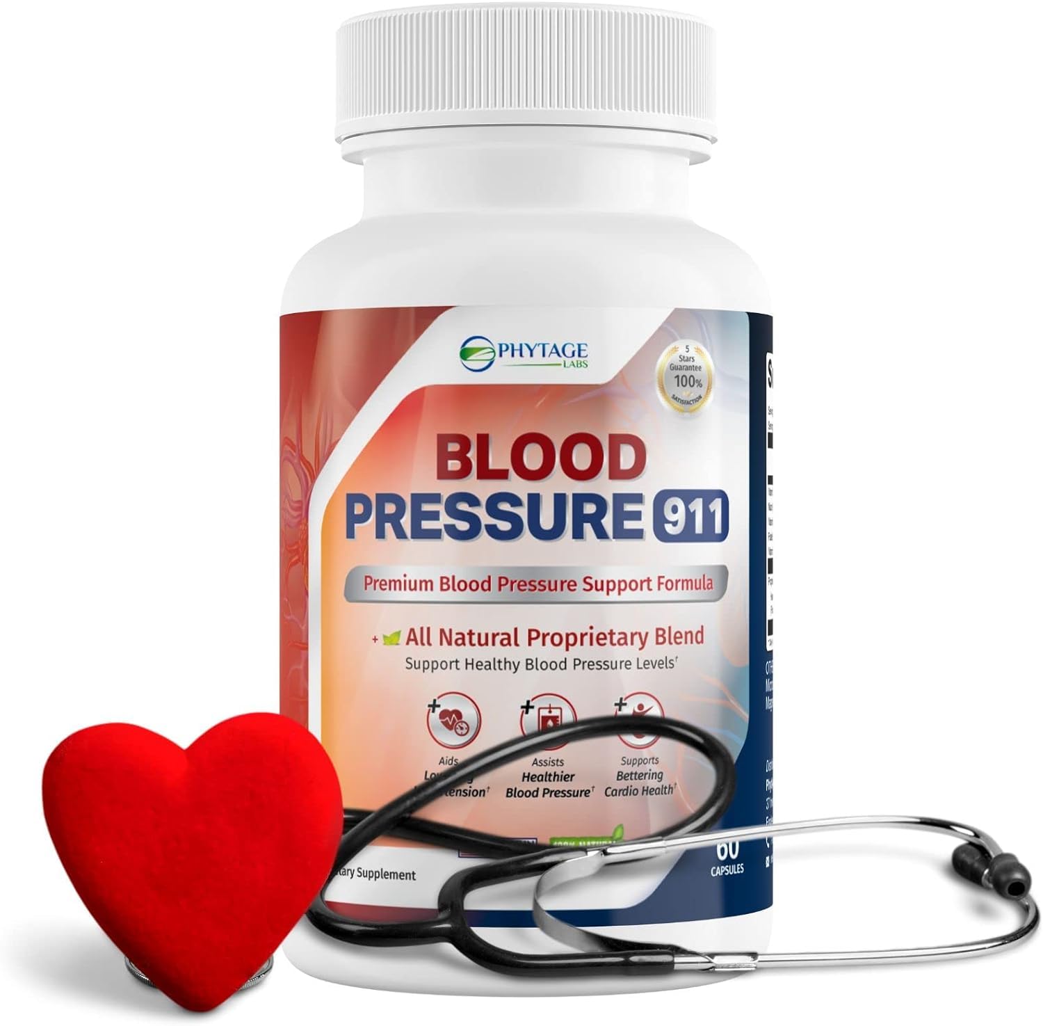 Phytage Labs Blood Pressure 911 daily-use bottle on kitchen counter supporting heart health.