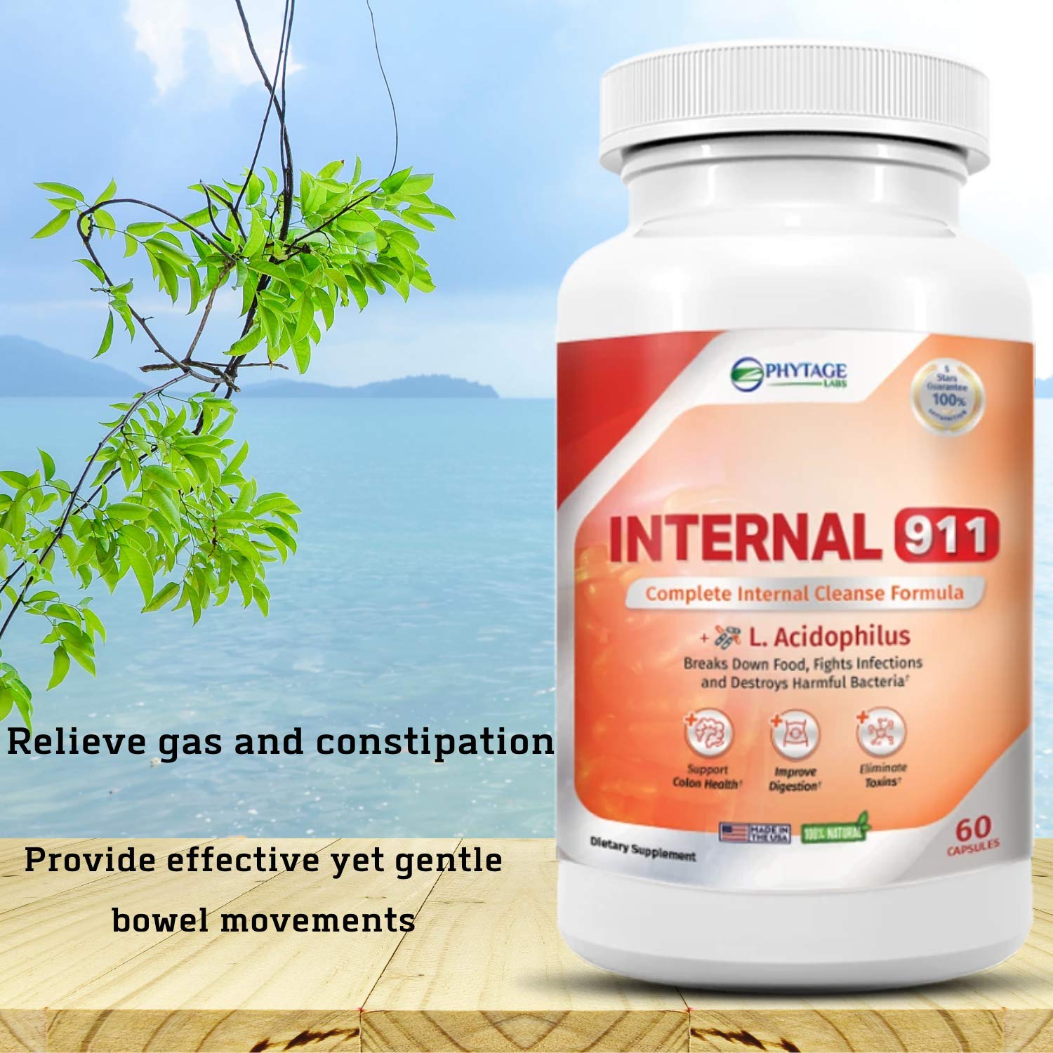 Phytage Labs Internal 911 bottle beside a glass of water for daily digestion support.
