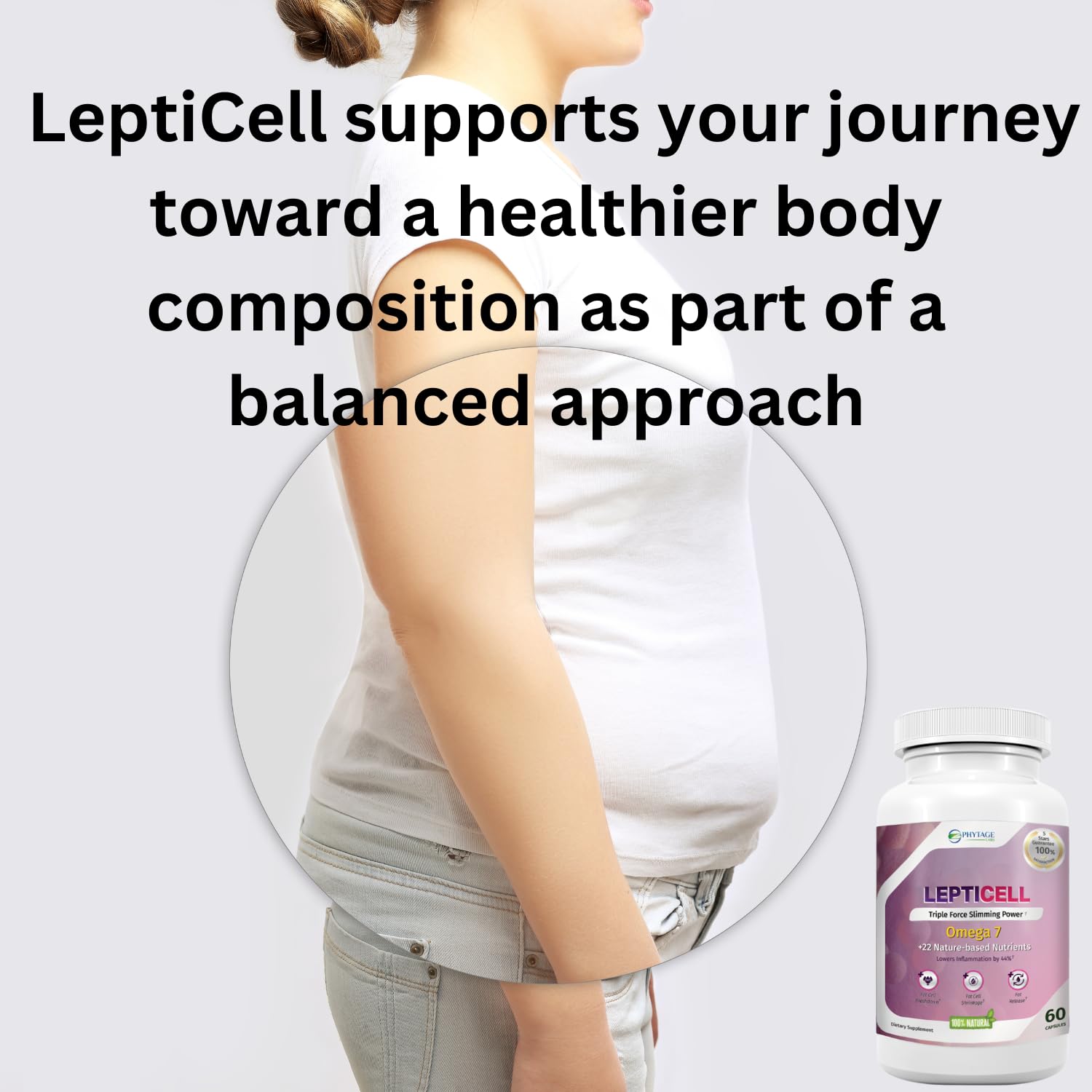 Damiana leaf graphic representing LeptiCell's botanical blend for balance.