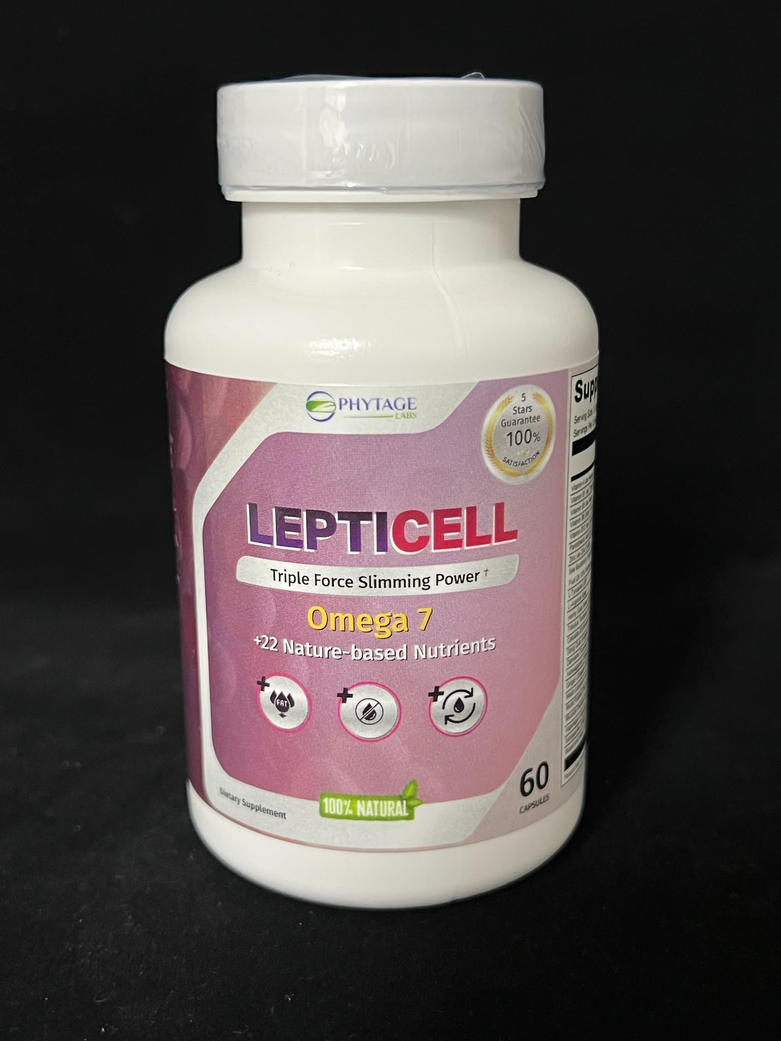 LeptiCell Omega-7s capsule emphasizing skin-supportive nutrients.