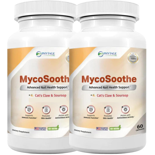 Phytage Labs MycoSoothe bottle and pack for nail health and immune support.