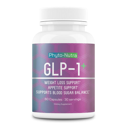 Phyto-Nutra GLP-1 bottle front view with vegan capsules for daily support