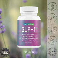 Phyto-Nutra GLP-1 bottle label detailing non-GMO and gluten-free features