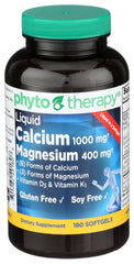 Phyto-Therapy liquid calcium magnesium bottle front highlights easy bone-supporting nutrition.
