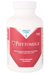 Phytomega softgels bottle showing easy daily omega-3 and CoQ10 support.