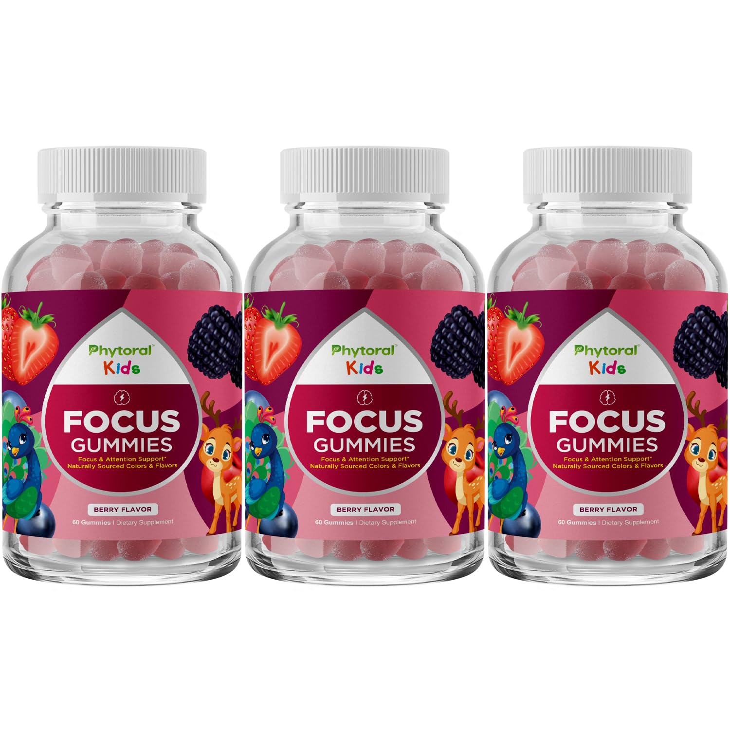 Phytoral Vegan Kids Focus Gummies bottle front supports concentration during homework tasks.