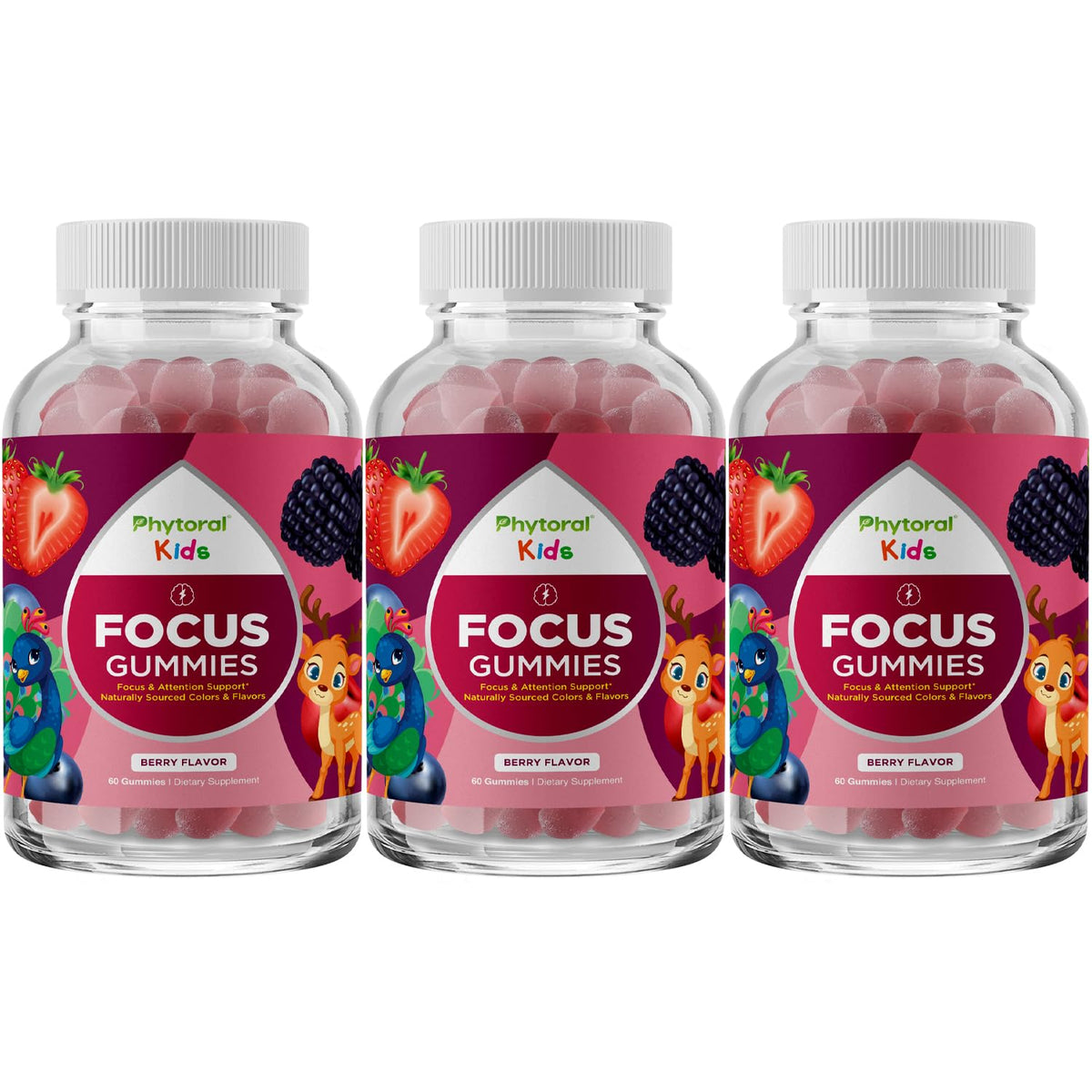 Phytoral Vegan Kids Focus Gummies bottle front supports concentration during homework tasks.