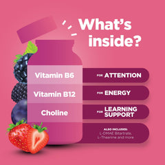 Phytoral Vegan Kids Focus Gummies ingredients panel highlights omega-3 and B vitamins for cognitive support.