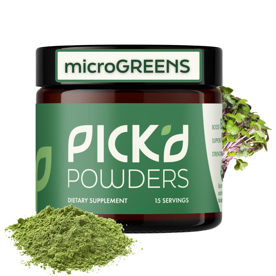 PICK'D POWDERS Microgreens powder bottle for easy daily greens and energy.