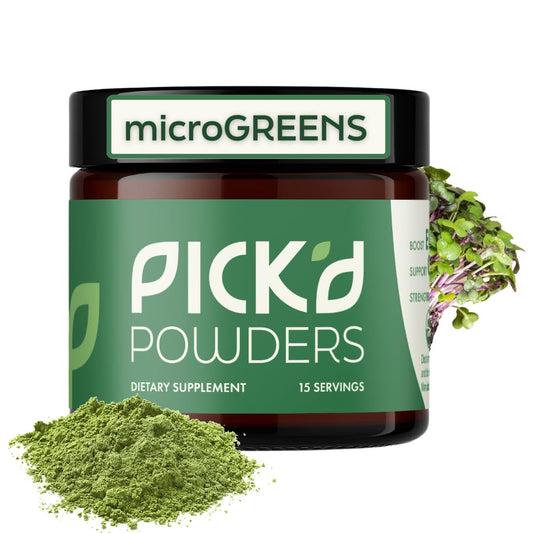 PICK'D POWDERS Microgreens powder bottle for easy daily greens and energy.