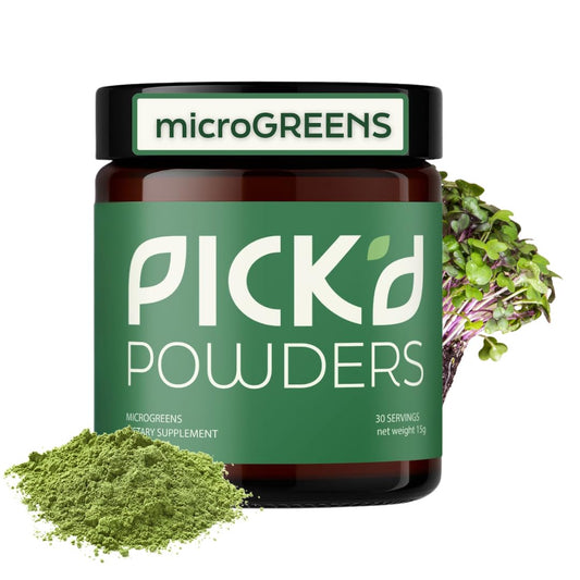 PICKD POWERS microgreens powder bottle with energy-focused use in smoothies