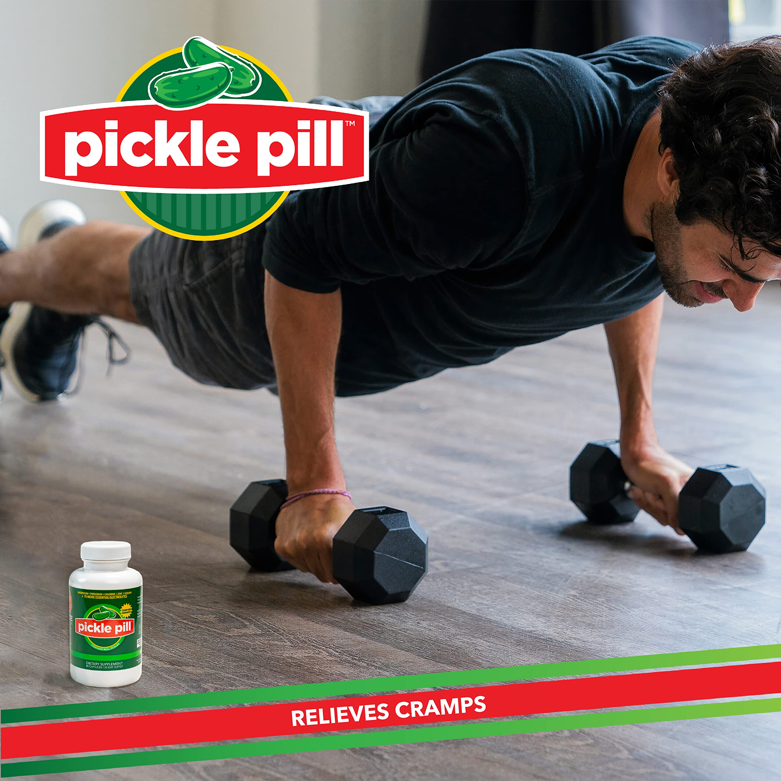 Close-up of PicklePill Cramp Defense capsules showing electrolyte blend for cramps.
