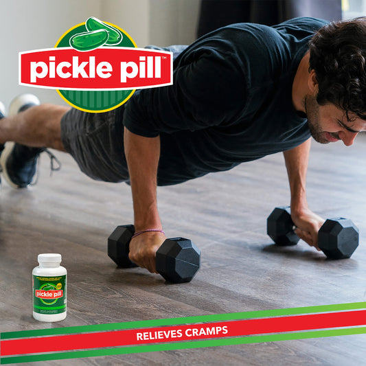 Close-up of PicklePill Cramp Defense capsules showing electrolyte blend for cramps.