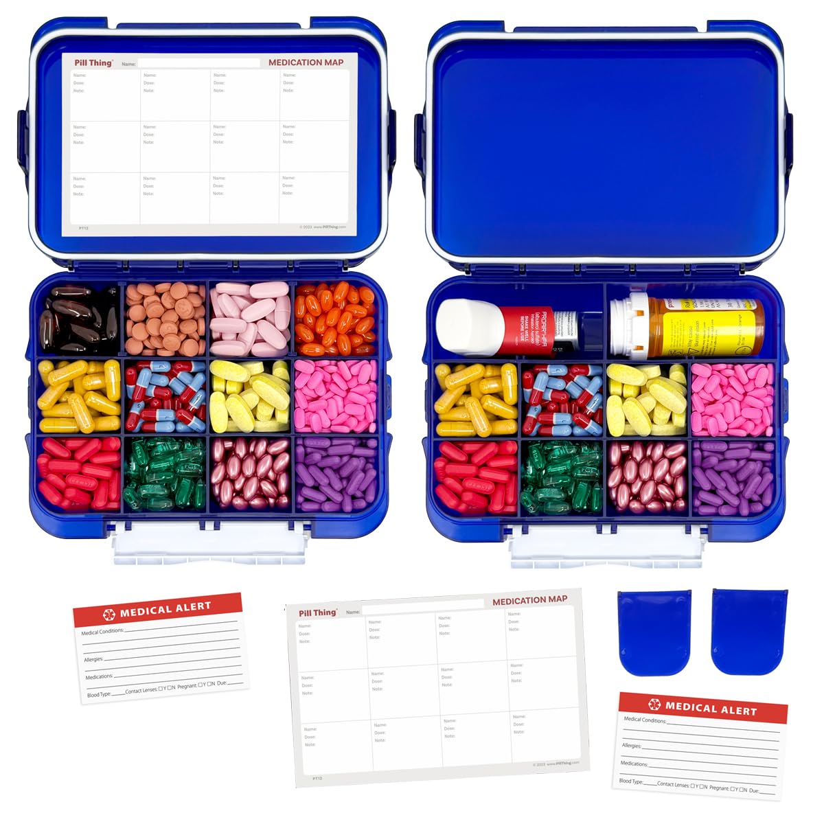 PILL THING 12-compartment blue case front view for organized daily meds.