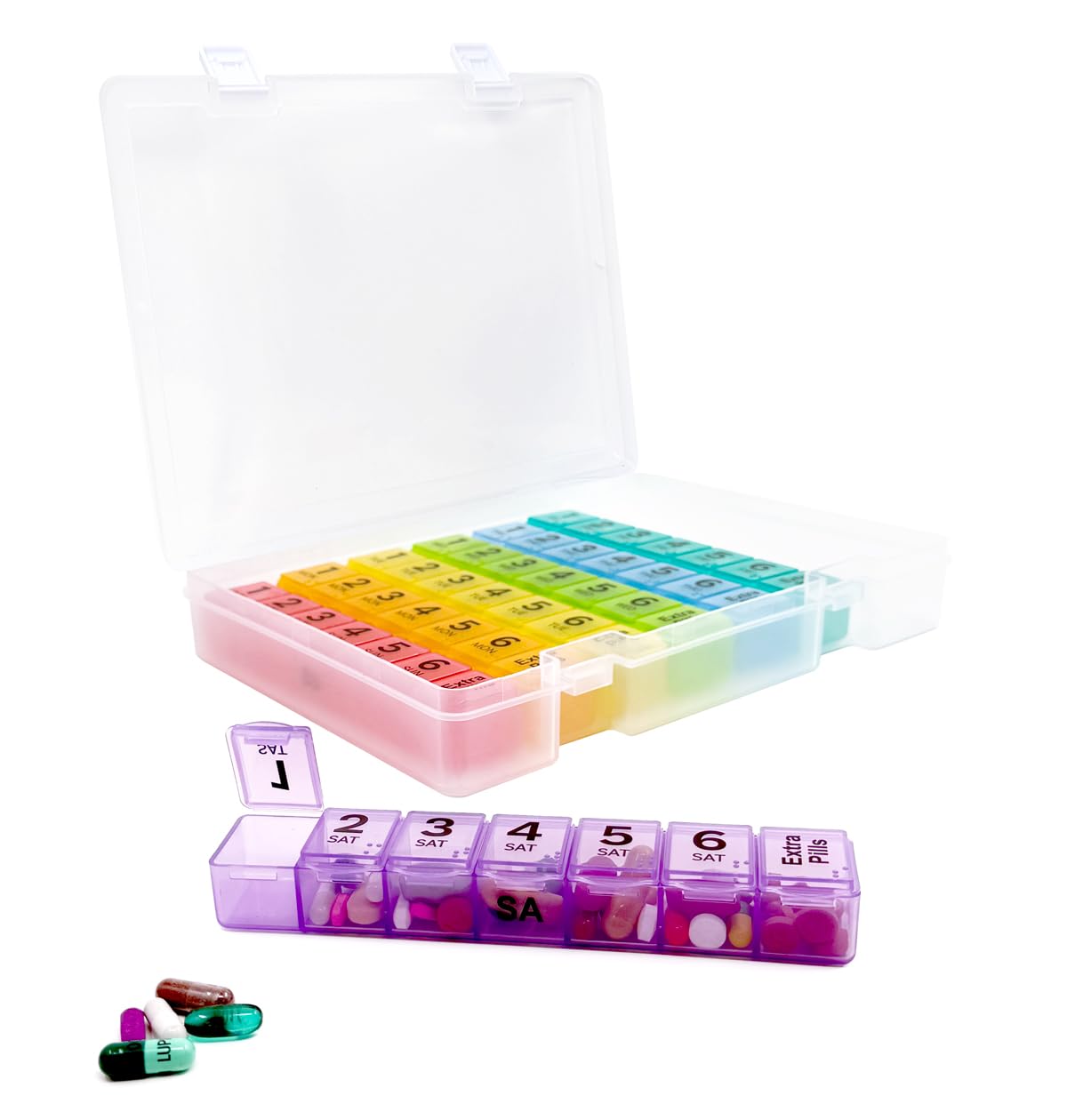 PILL THING 6-times-daily pill box front view with dose labels for organized scheduling.