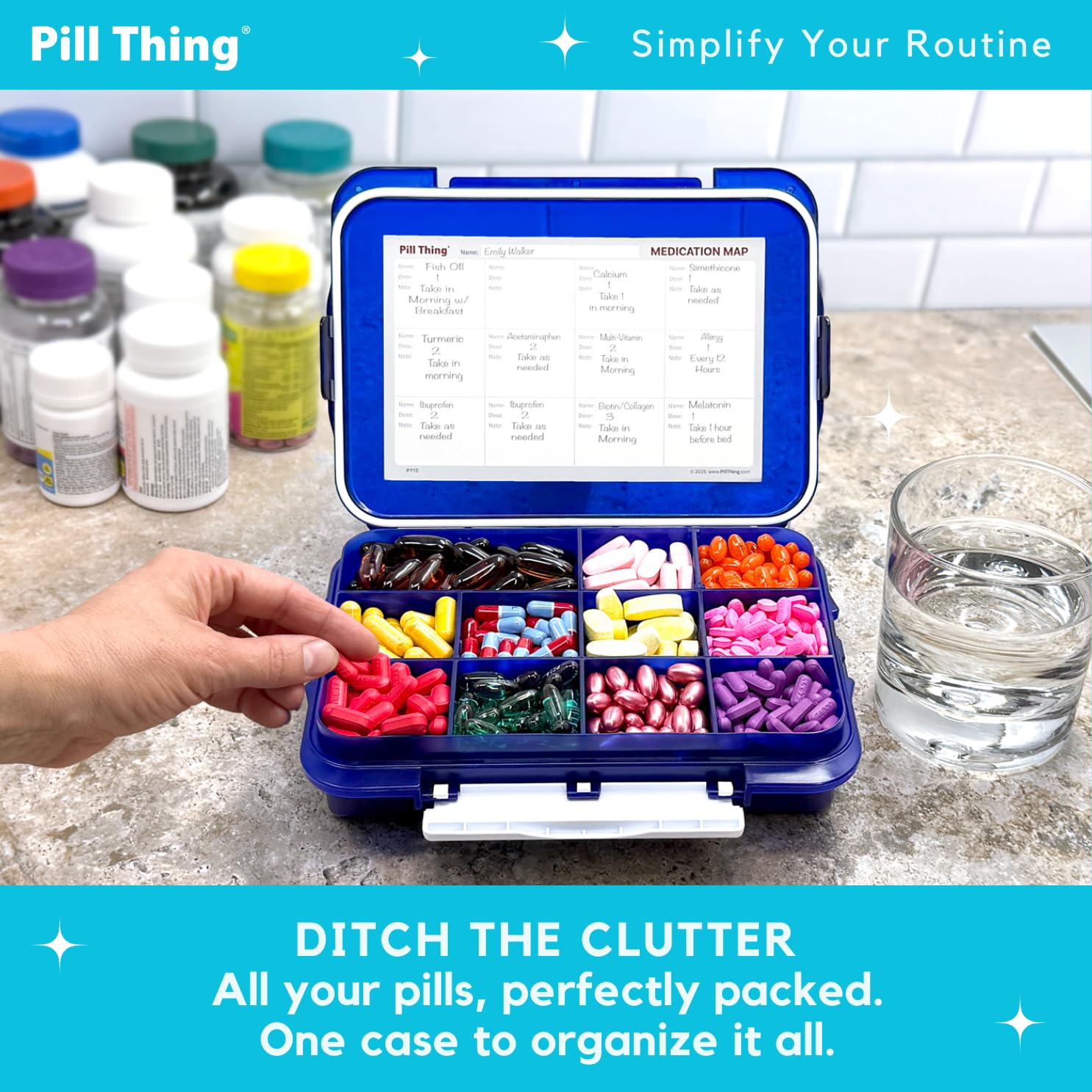 PILL THING blue case open with dividers, customizable compartments.