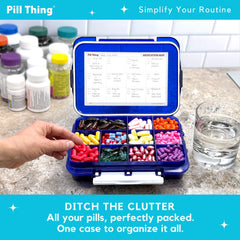PILL THING blue case open with dividers, customizable compartments.
