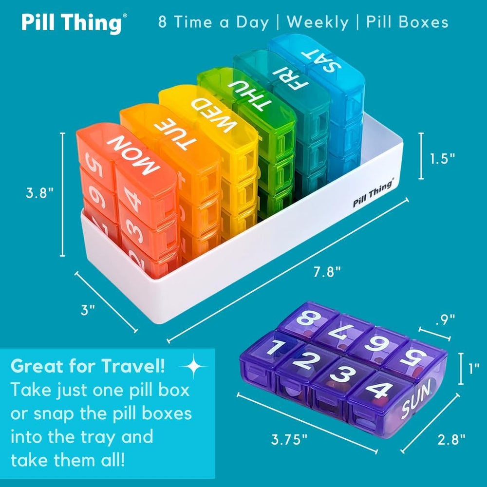 PILL THING scoop-bottom compartments simplify pill removal at home, work, or travel.
