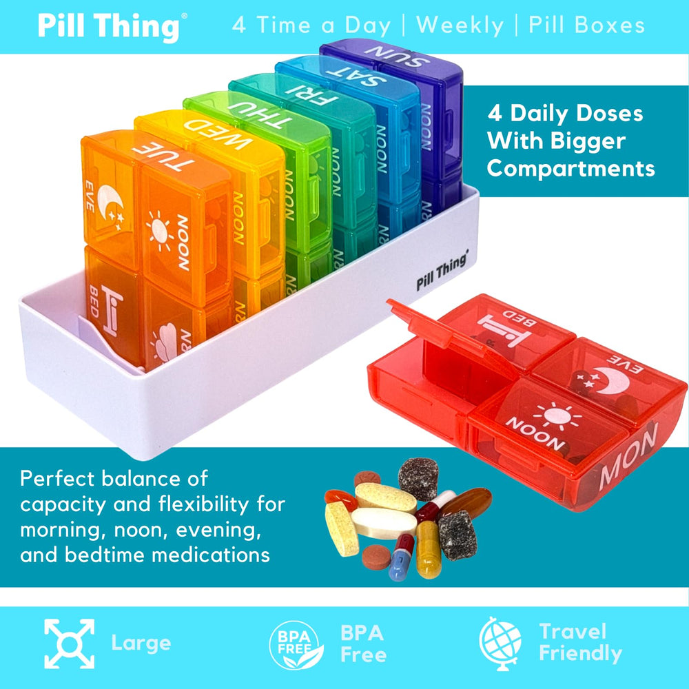 PILL THING easy-open lids and scooped bottoms simplify pill retrieval.