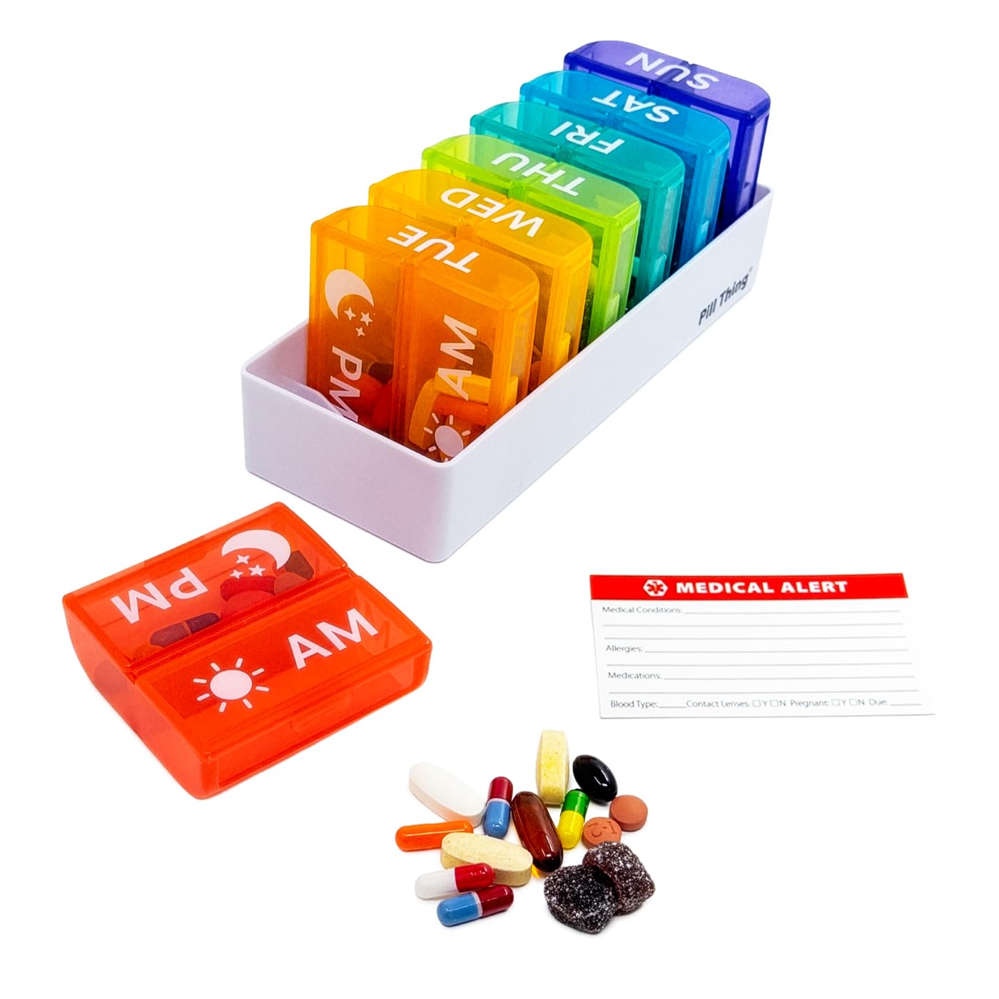 Pill Thing large weekly organizer with AM/PM slots for easy dosing.