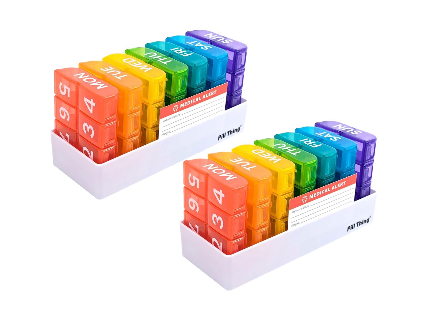 PILL THING large weekly pill organizer with tray for easy daily dosing.