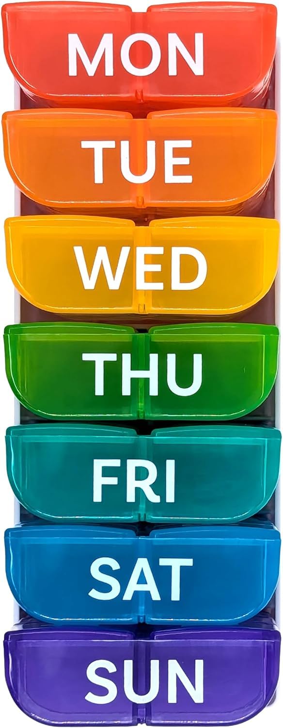 PILL THING easy-access daily pill organizer supports complex dosing schedules.