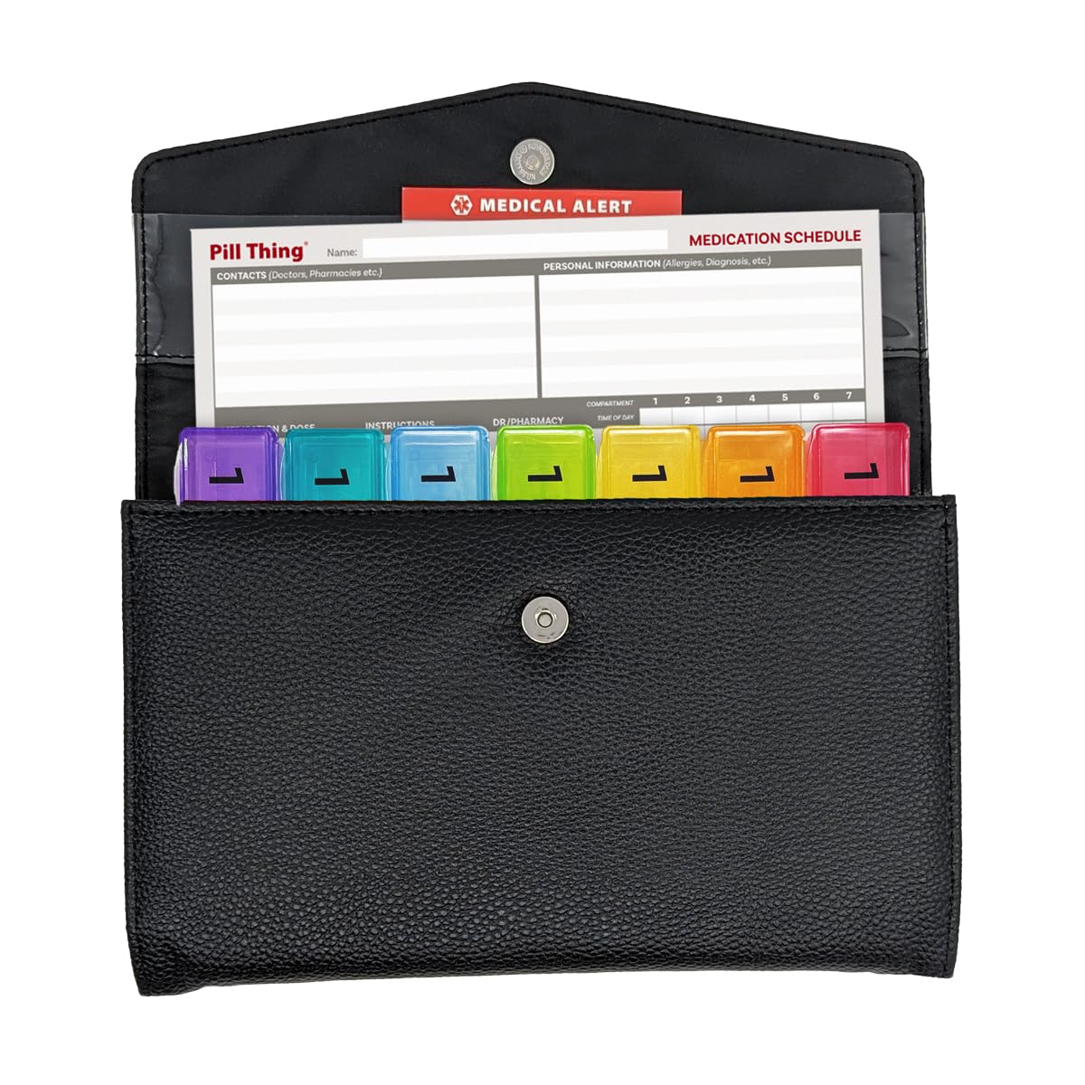Pill Thing medication-schedule card front highlights space for up to 38 meds and details.