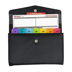 Pill Thing medication-schedule card front highlights space for up to 38 meds and details.