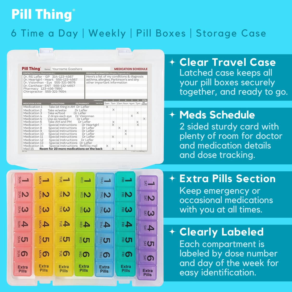 PILL THING Secure latched case keeps pills safe during travel and daily commutes.