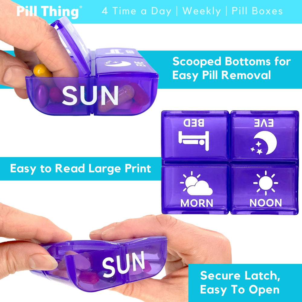 PILL THING secure snap-in tray keeps pills upright during travel.