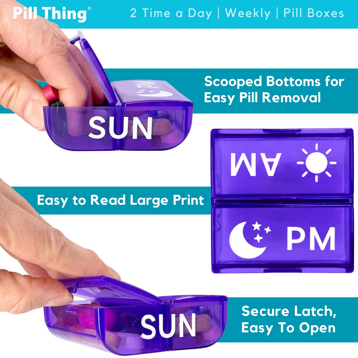 Pill Thing seven-day color-coded cases simplify weekly prep.