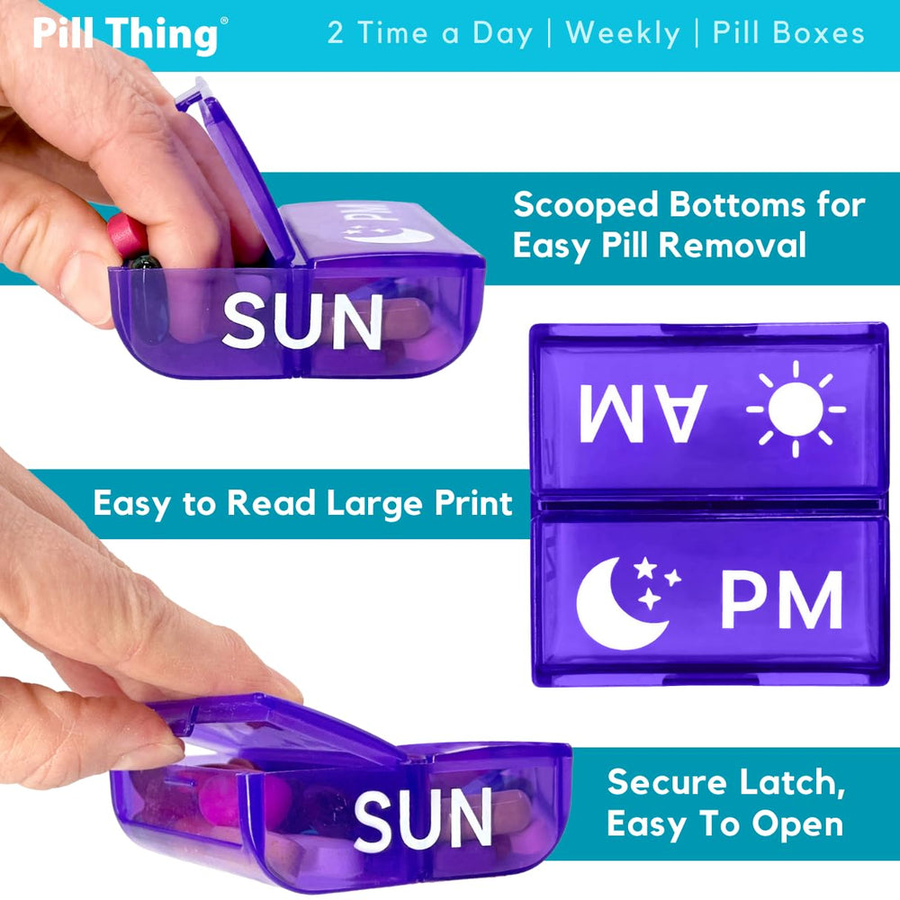 Pill Thing seven-day color-coded cases simplify weekly prep.